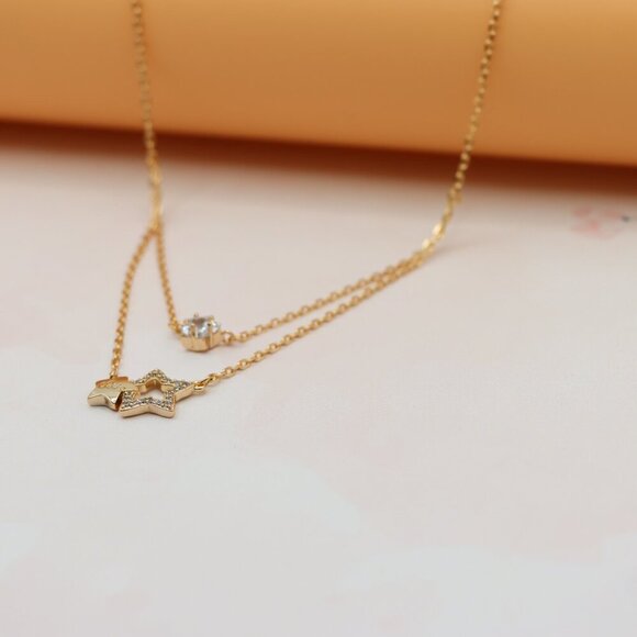 "Double-Layered Rose Gold Necklace with Sparkling Star Charms, XPNL0152 - Picture 12 of 14